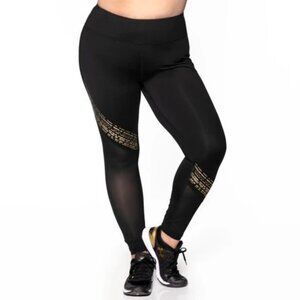 Black and Gold Geometric Leggings with Metallic Accents